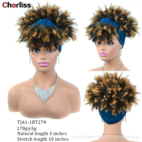 Wholesale Cheap Short Ombre Turban Wrap Wigs With Headband Heat Resistant Kinky Curly Synthetic Wig Attached For Black Women